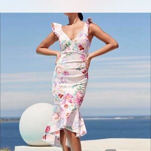 Lipsy Pink Floral Ruffle Midi Dress